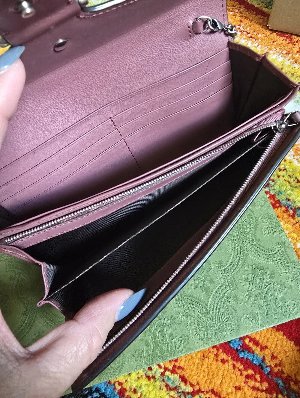 Authentic Gucci Floral Print Chain Wallet in Pink and Green